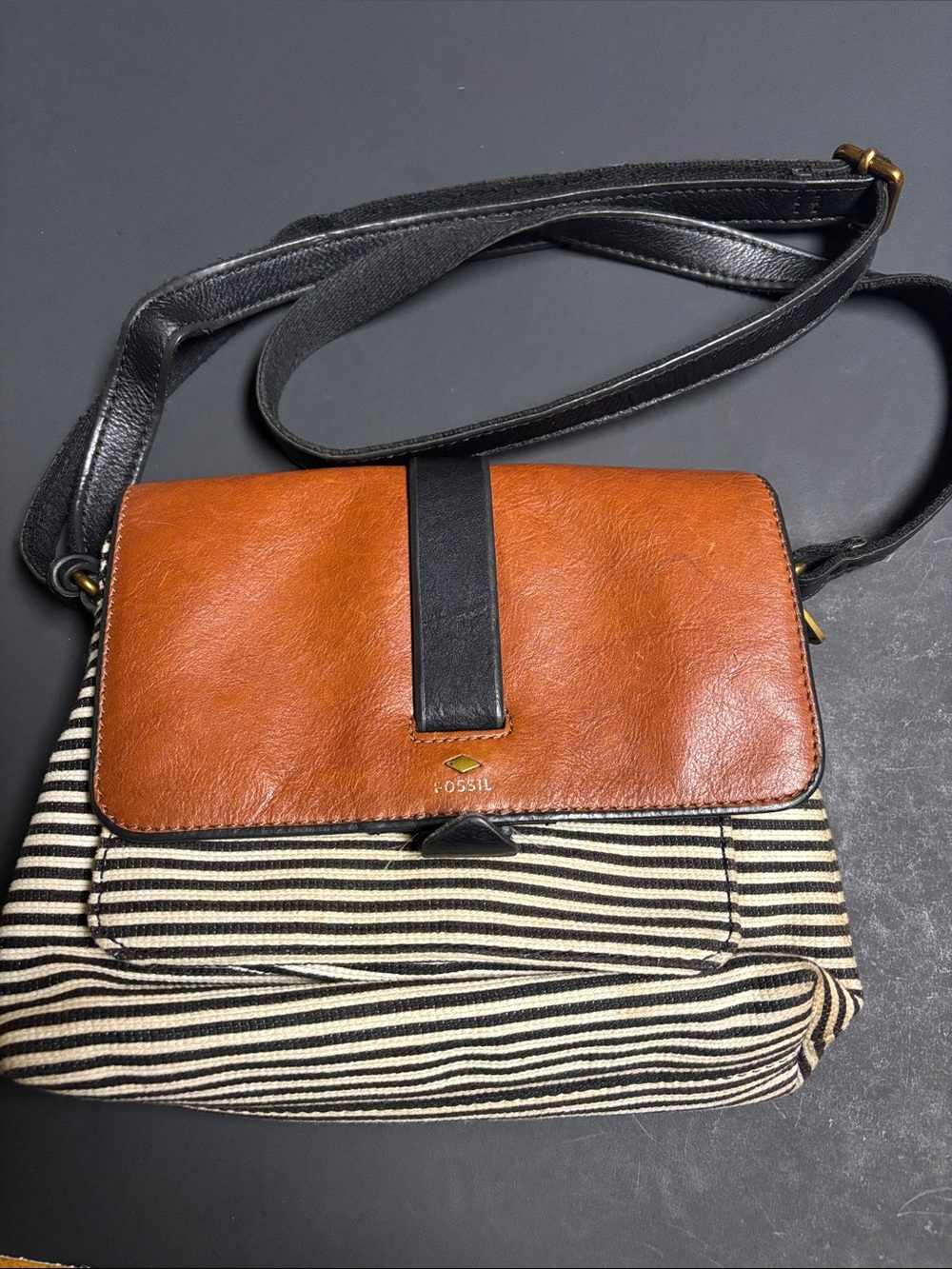Fossil Brown Leather & Black-Striped Canvas Crossbody Bag